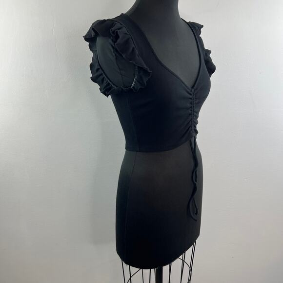 ZARA Black Cropped Top Tie-Up Deep V-Neck Ruffle Sleeve Pullover Size Medium M - Picture 4 of 8